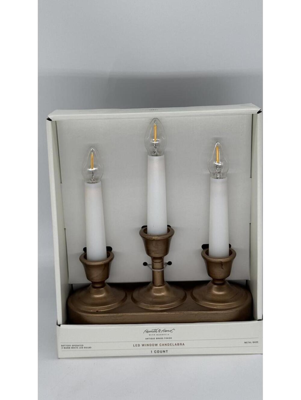 Hearth & Hand Magnolia LED Window Candelabra 3-Candle Antique Brass – Battery